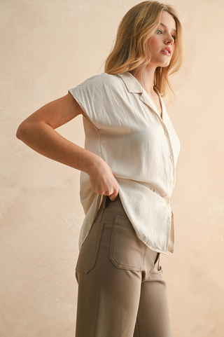 Miou Muse Silky Cap Sleeve Button Up