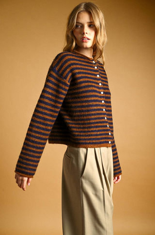 Miou Muse Rolled Hem Striped Cardigan